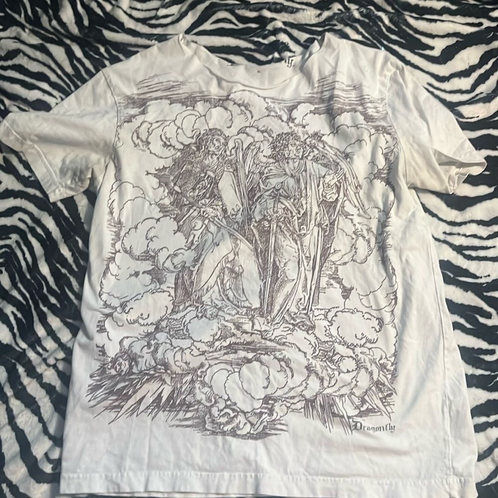 white dragon fly shirt, neck of the shirt is cut off